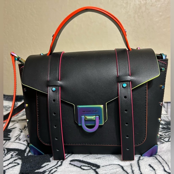 Manhattan Medium Contrast-Trim Leather Satchel - Picture 1 of 14
